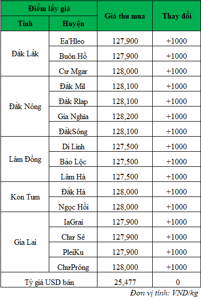 Giá cà phê hôm nay, giá cà phê trong nước