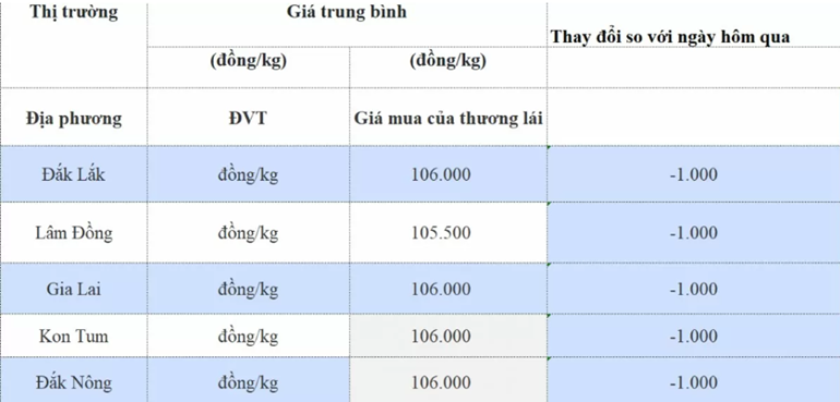 Giá cà phê hôm nay tại thị trường trong nước