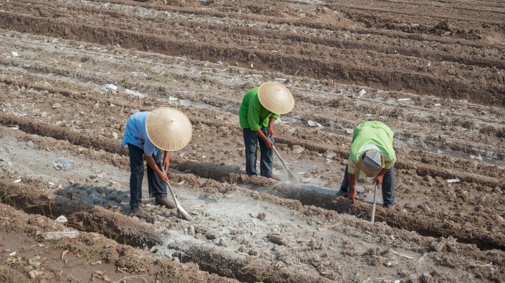 Rắc vôi bột khử trùng đất sau ngập – khắc phục ngập úng rau màu hiệu quả
